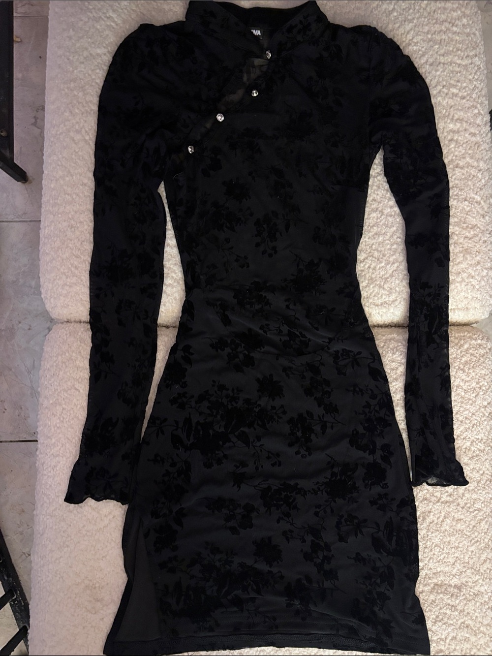 Fashion Nova Black Floral Velvet Devore Long Sleeve Mini Dress